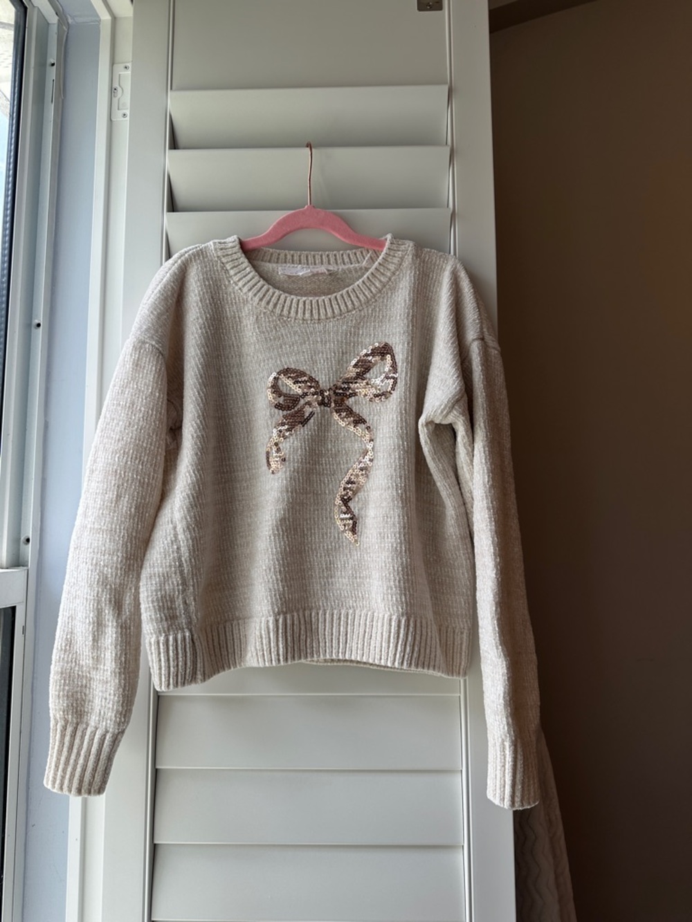 Pink Republic Cream Sweater with Sequin Bow Accent